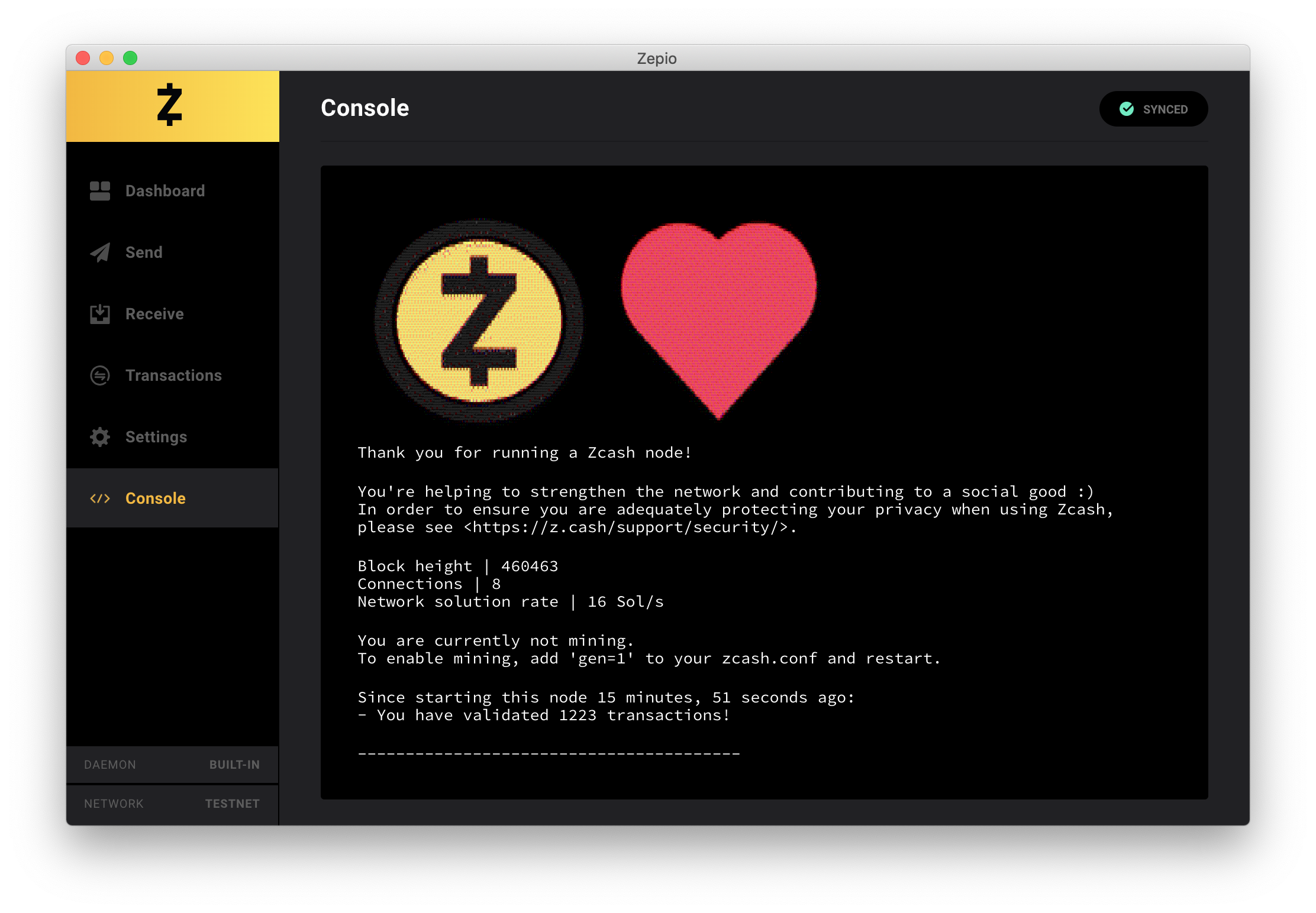 Zepio Console screen showing local zcashd node status