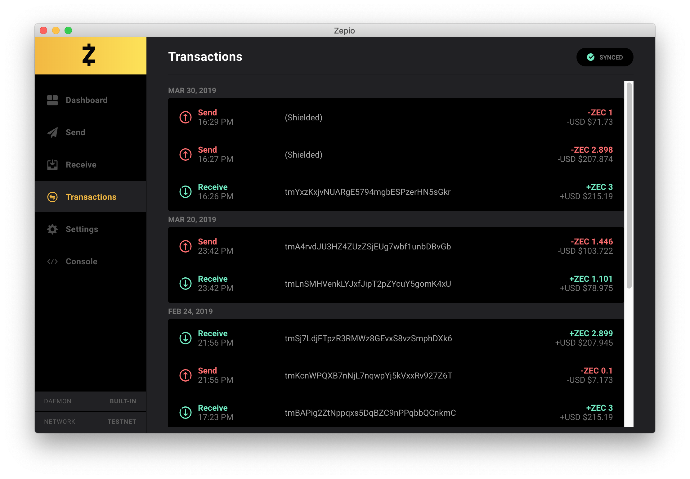 Zepio Transactions interface